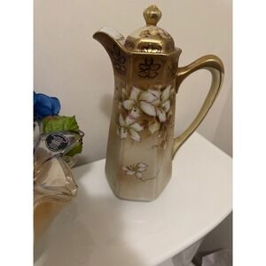 Antique Nippon Chocolate Pot Hexagonal Hand Painted Floral Gold Moriage Gilt
